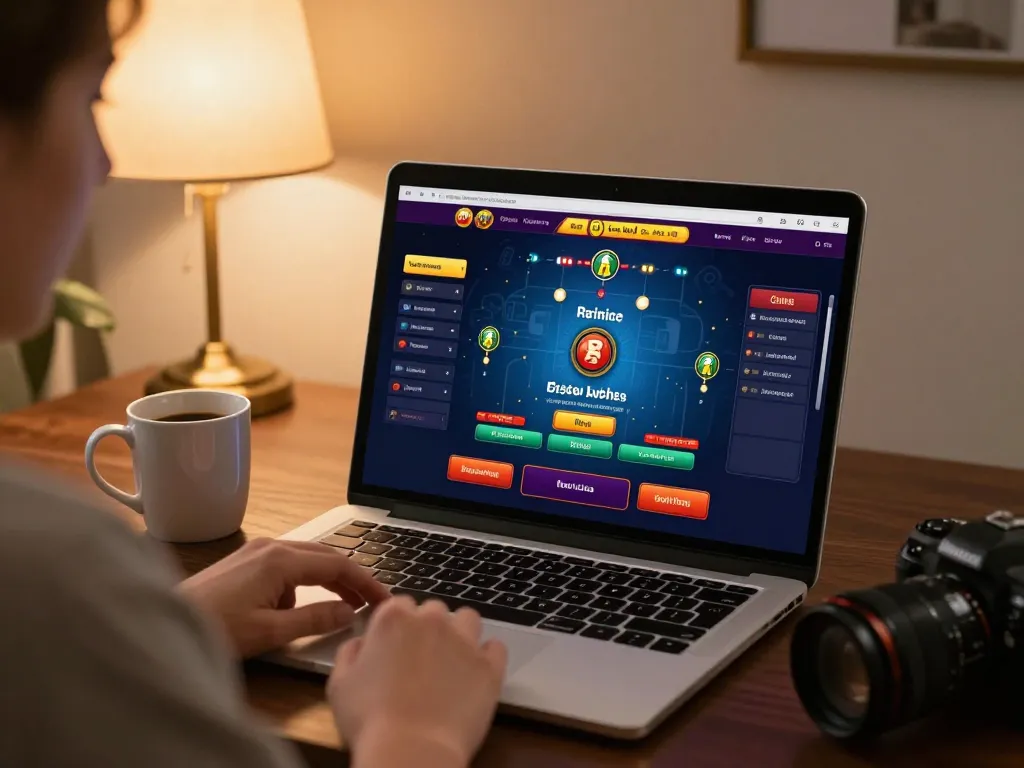 Engaging in llwin Download on a laptop with vibrant game interface and cozy atmosphere