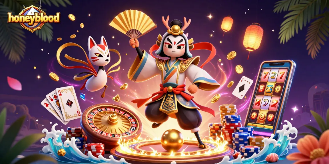 Experience the vibrant casino scene with honeyblood where a kabuki warrior engages with luck and fortune.