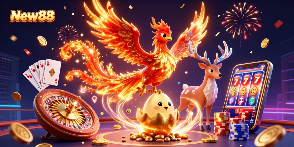 Experience thrilling wins at New88 with a vibrant 3D illustration showcasing casino excitement.