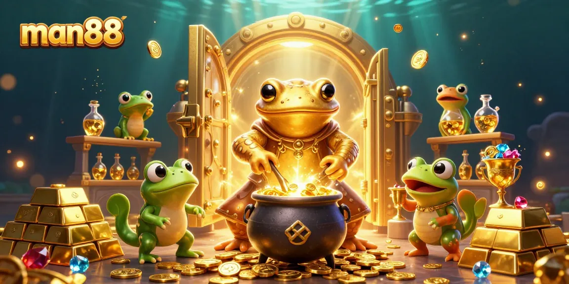 Engage with man88's vibrant casino scene showcasing alchemy in a magical gold-filled realm.
