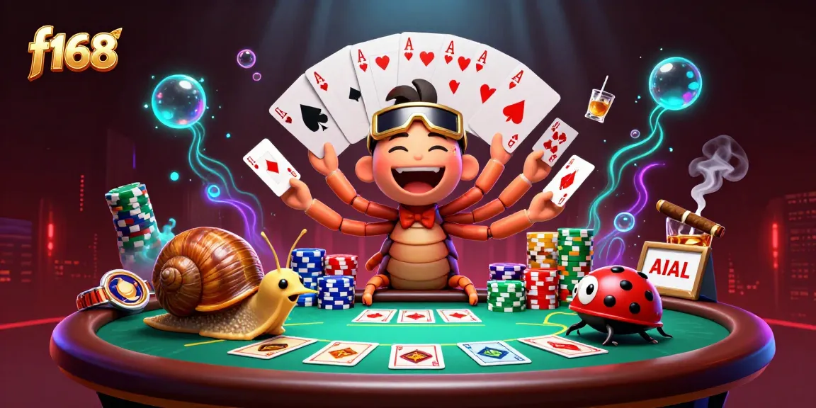 Engage with f168 at a vibrant table, where cartoon characters bring poker excitement to life amidst colorful chips and glowing effects.