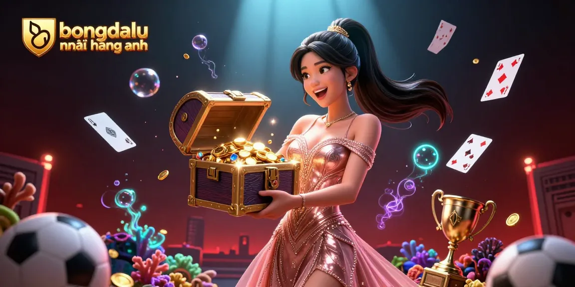 bongdalu ngoại hạng anh showcases thrilling sports betting action with joyful woman presenting treasure.