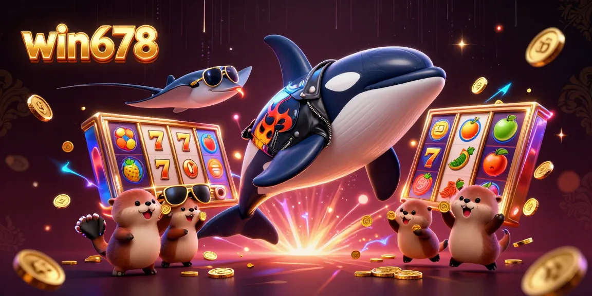 Win678 offers thrilling gambling experiences with 3D characters enjoying slot games and golden coins.