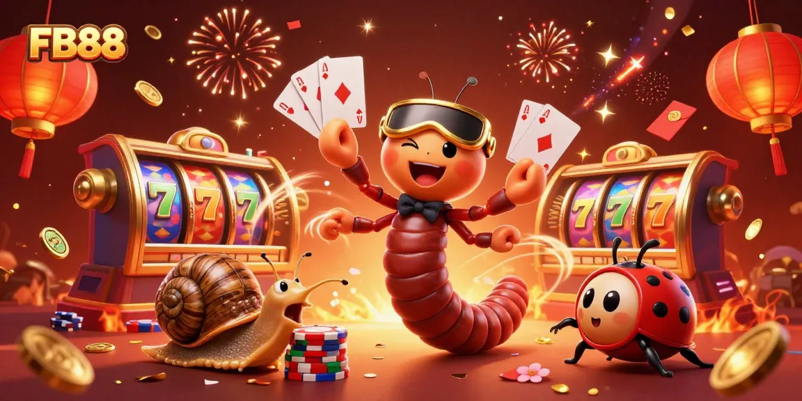Join the exhilarating world of FB88 with a whimsical casino scene featuring a millipede dealer, pushing chip stacks and vibrant slot reels.
