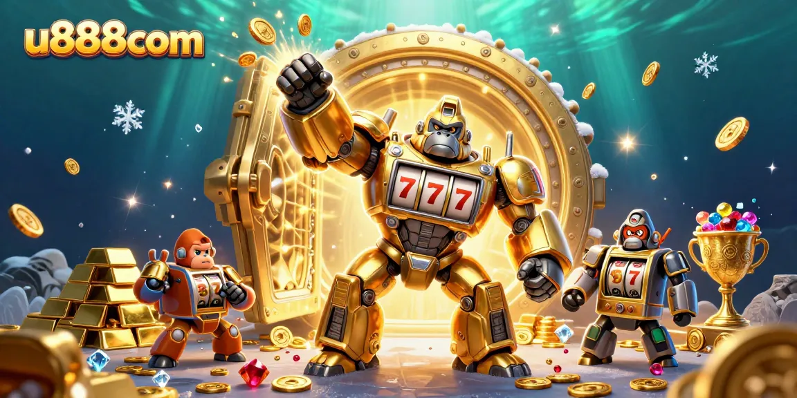 Spin the reels with u888com's golden gorilla mech amidst treasures in a dynamic casino scene.