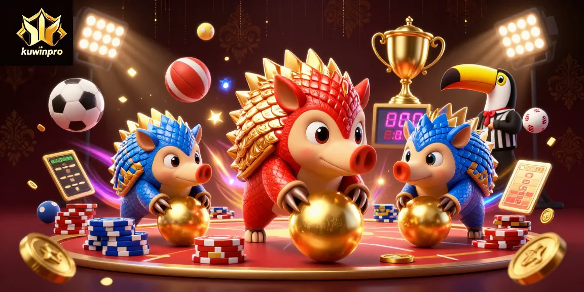 Engage with kuwinpro as rival pangolins roll golden balls through poker chips, celebrating casino excitement.