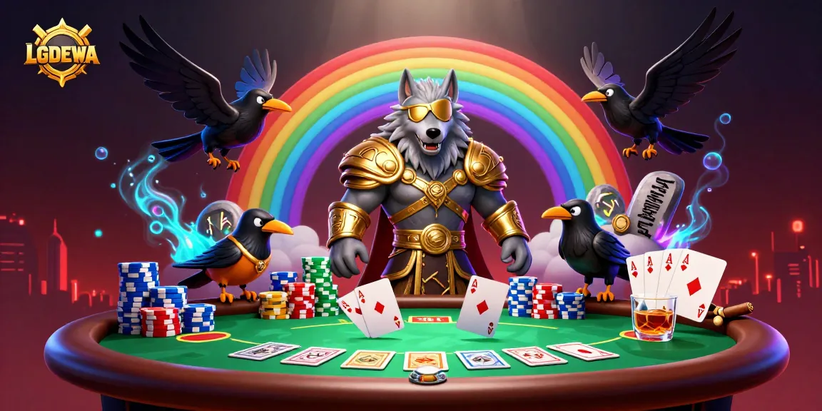 Engage with LGODEWA's vibrant casino scene featuring Odin and ravens amidst dynamic gaming elements.