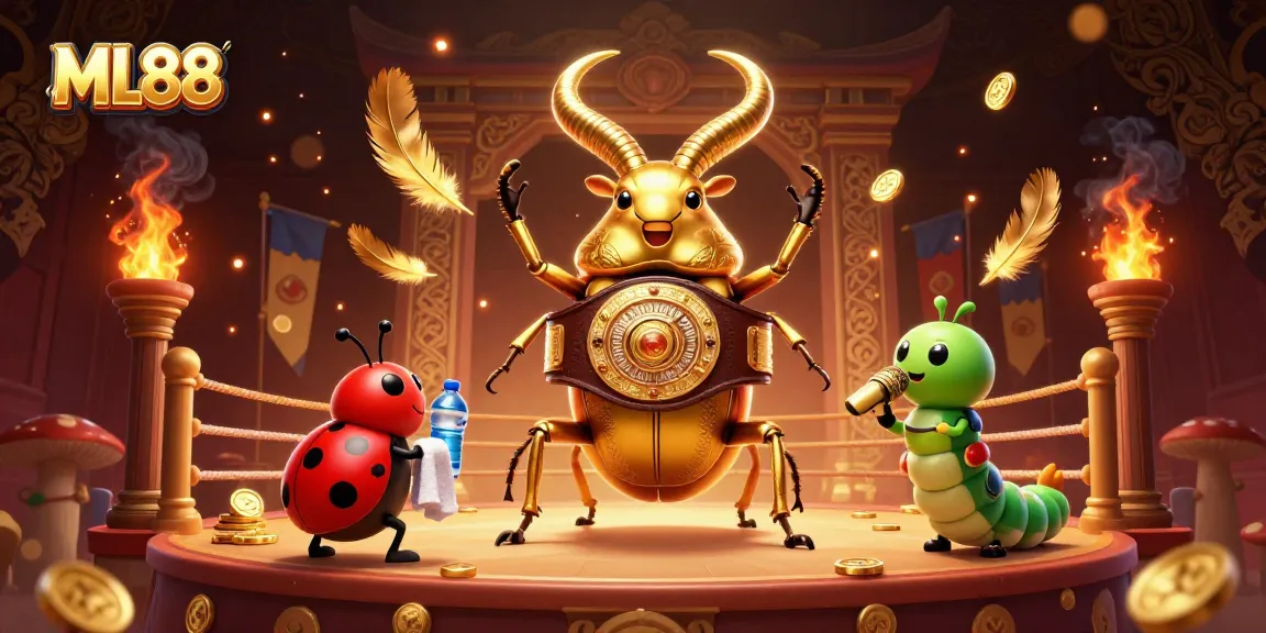 Experience ML88's vibrant gaming universe with a golden stag beetle champion amidst casino excitement.