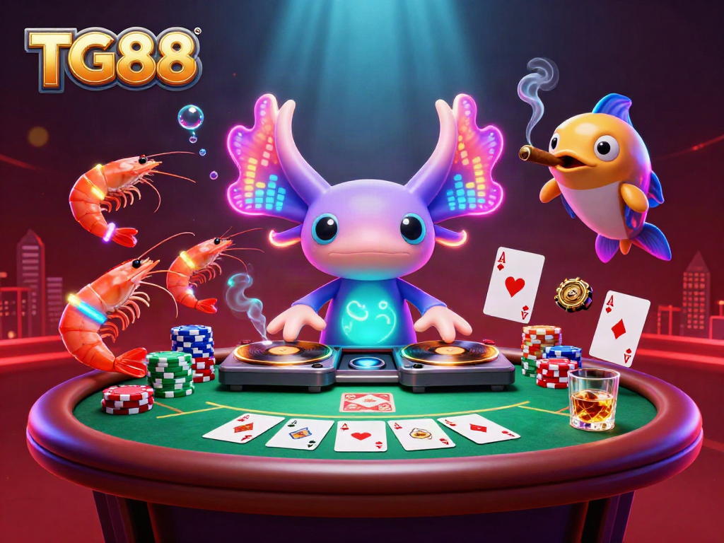 Engage with TG88's vibrant casino atmosphere, featuring axolotl DJ and poker action.
