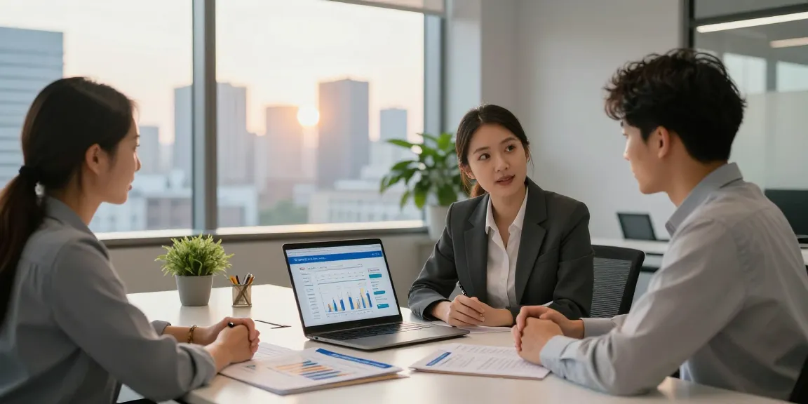 Engaged couple consulting with a financial advisor using a calculador euribor during a mortgage planning session in a modern office.