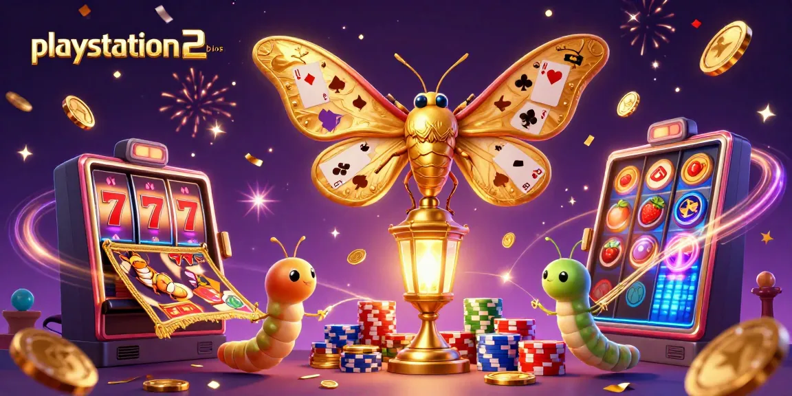 Experience thrilling gaming action at playstation2bios with vibrant casino illustration featuring moths and slot reels.