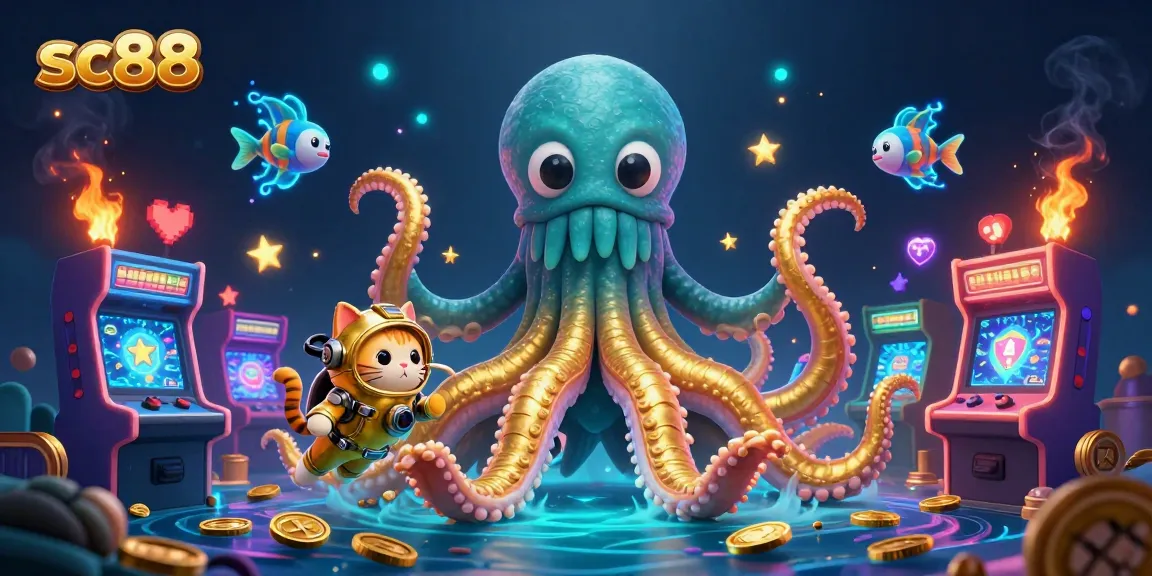 Engage with an exciting sc88 treasure hunt featuring a kraken and animated characters in a vibrant casino scene.