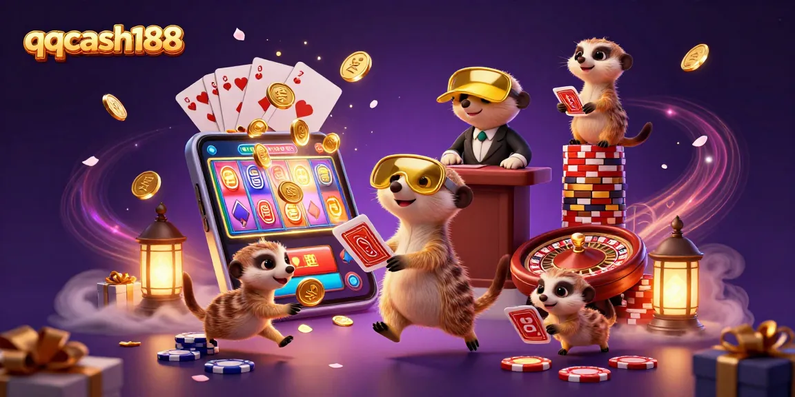 Experience the vibrant energy of qqcash188's meerkat casino scene with colorful slots and joyful gamblers.