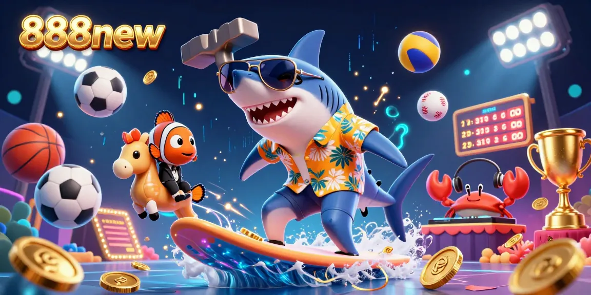 Experience the thrill at 888new with dynamic casino elements, including gold coins and vibrant characters.