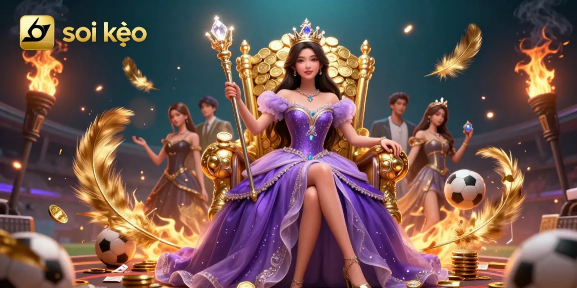 Soi kèo sports betting scene featuring an Asian princess surrounded by gold coins and sports elements.
