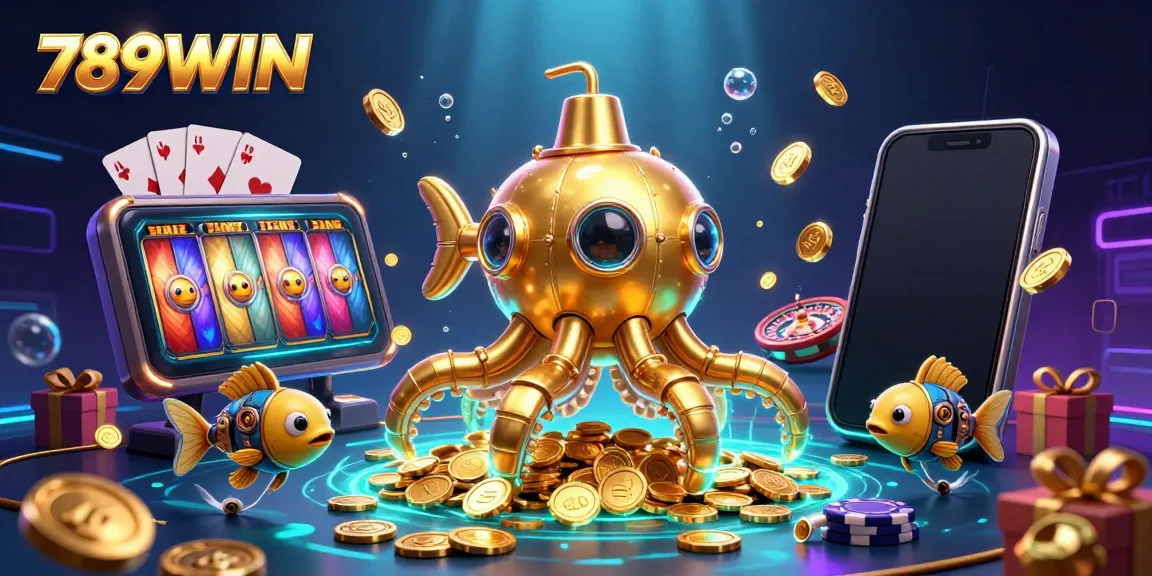Experience the thrill of 789WIN as the kraken submarine navigates a treasure-filled world of spinning slots and golden coins.