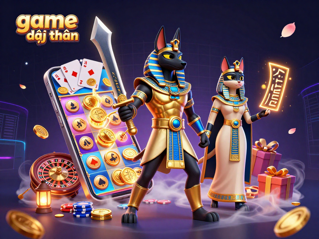 Engage in game đổi thưởng with our dynamic casino scene showcasing Anubis and Bastet in action.