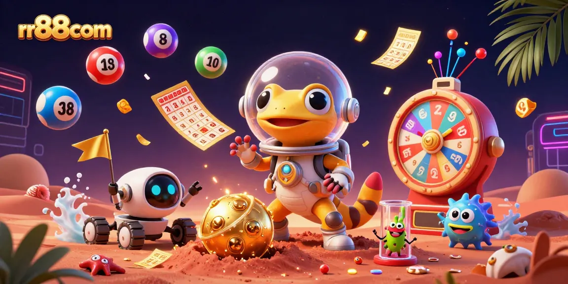 Experience the vibrant universe of rr88com with a Martian gecko discovering a golden casino amid colorful lottery elements.