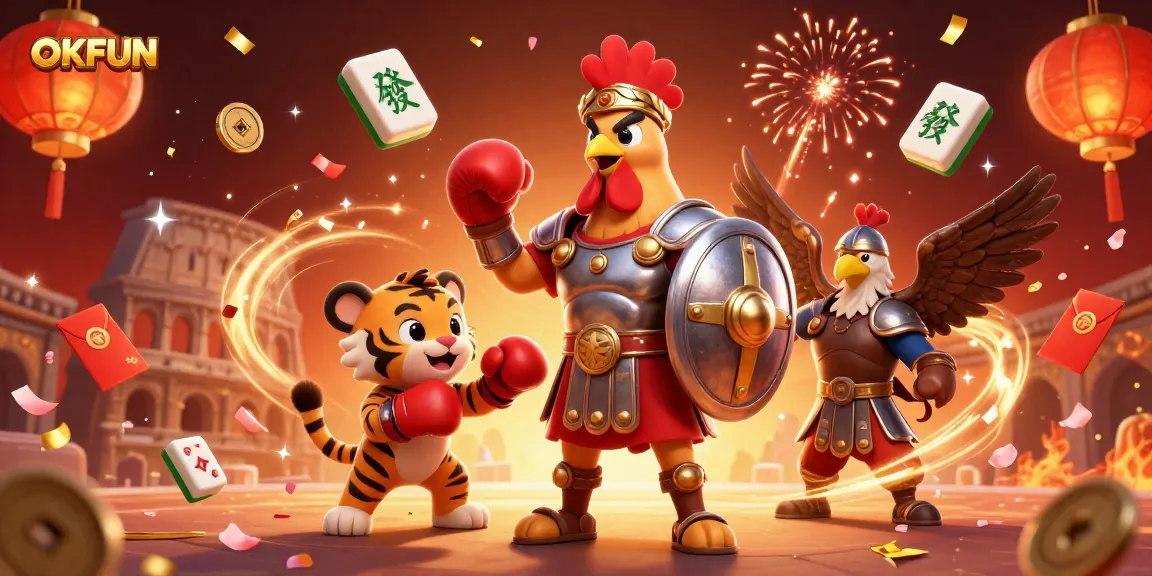 Engage in thrilling battles at OKFUN with a dynamic illustration of a gladiator rooster and sparring partners bringing excitement to casino games.
