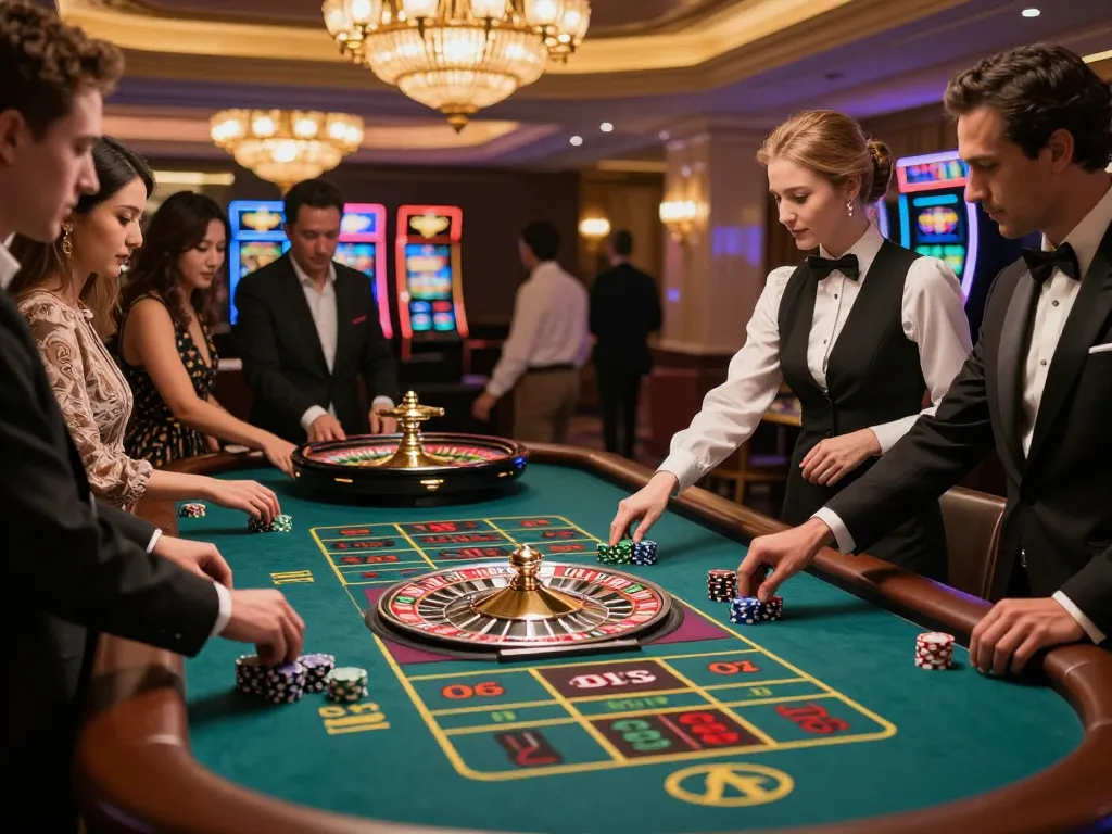 RR88 players placing bets at a roulette table in an upscale casino setting.