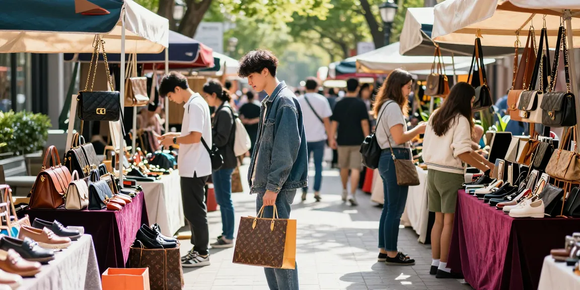 Vibrant scene showcasing a young adult exploring a 레플리카 쇼핑몰 at an urban market with luxury replica accessories.