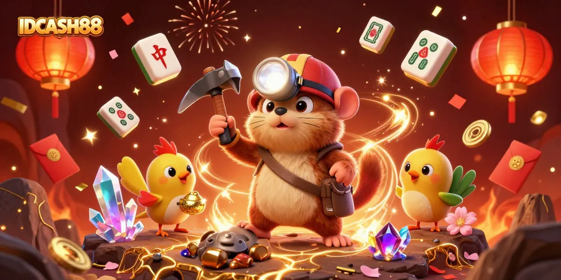 Experience winning moments with IDCASH88 in a vibrant 3D cartoon illustration of a treasure hunter mole at play!