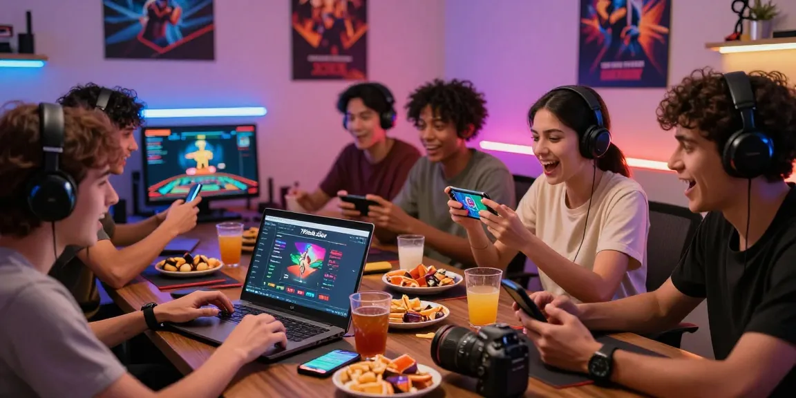 Group of friends enjoying gaming activities on https://79club.dev/ with colorful snacks and drinks, creating a vibrant atmosphere.