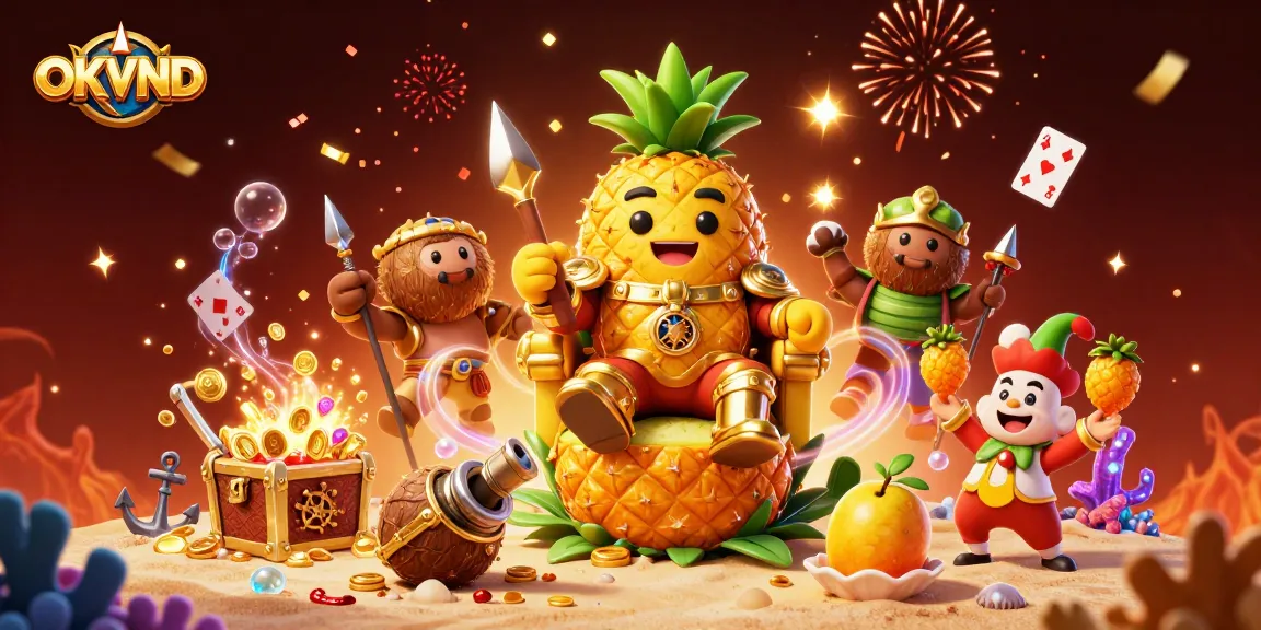 Engage with OKVND's dynamic casino scene featuring a golden pineapple king and vibrant gaming elements.