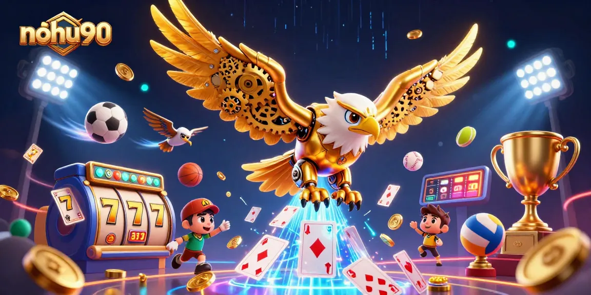 Nohu90 showcases a vibrant 3D casino scene with animated golden eagle and slot game elements.