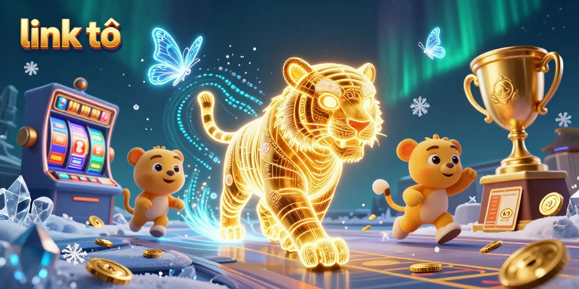 Experience link tải with a golden tiger navigating a vibrant digital casino filled with jackpot reels and shimmering coins.