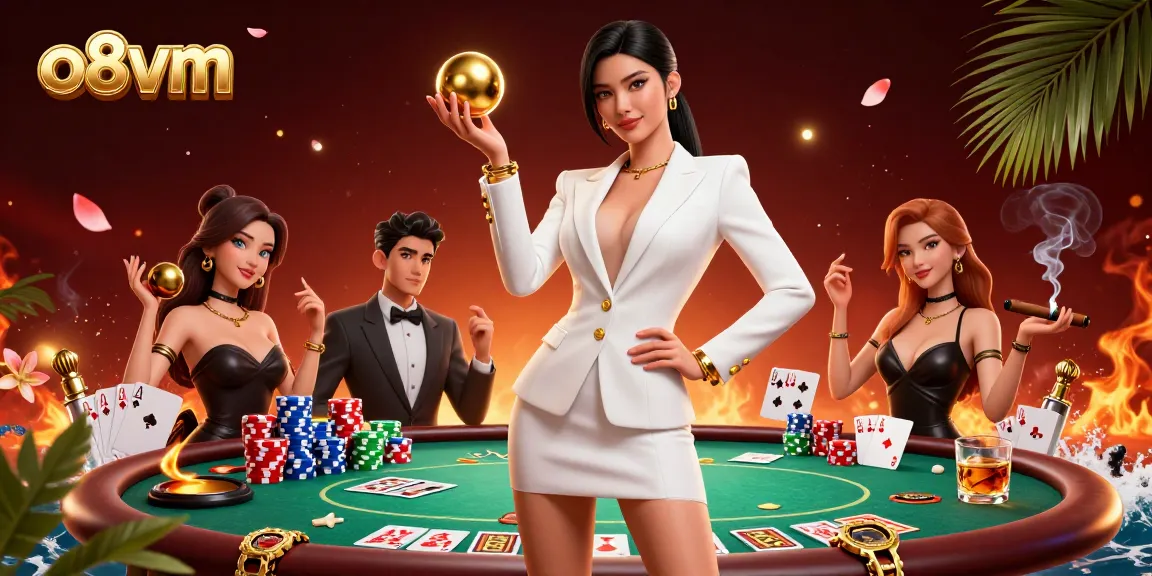 Win big with o8vm at an ultra-luxurious casino featuring vibrant gaming elements and a confident player.
