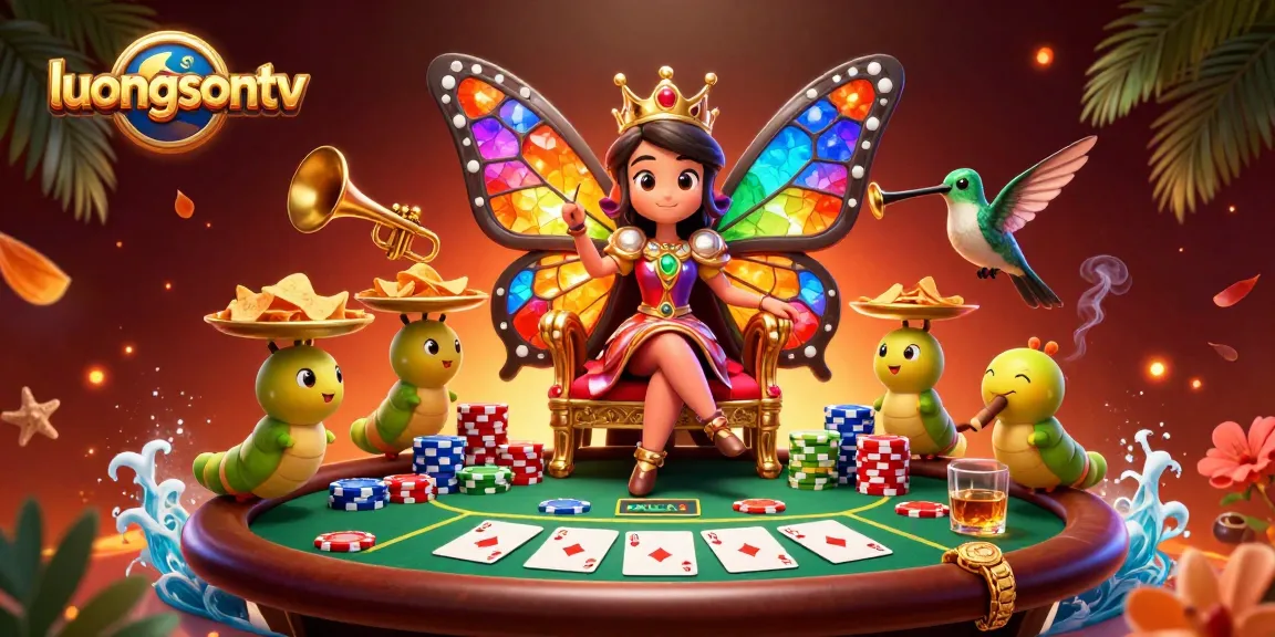 Join the excitement of luongsontv as the butterfly queen presides over a vibrant casino scene filled with poker action and animated characters.