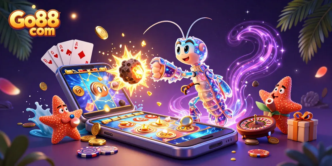 Experience the thrill of Go88 com with dynamic games and golden rewards in a stunning casino illustration.