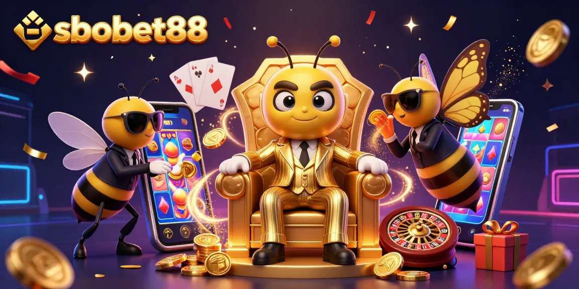 Engage with sbobet88 for thrilling betting action featuring a bumblebee mob boss in a casino-themed illustration.