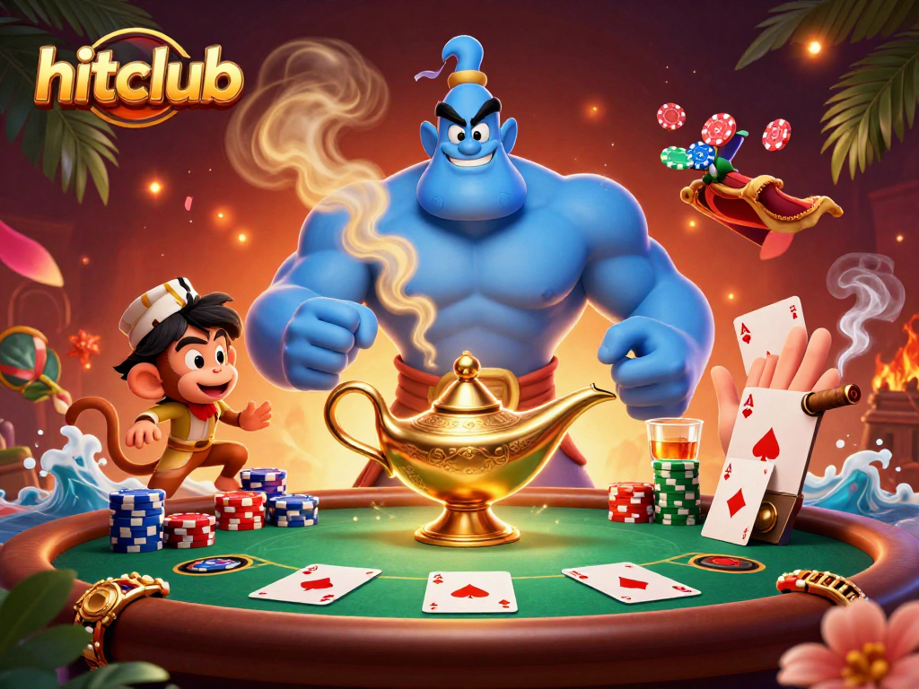 Hitclub showcases an energetic casino scene with a genie, monkey, and poker chips.