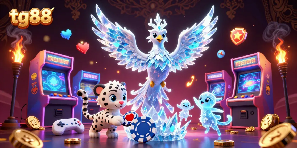 Experience thrilling casino gaming at tg88 with a vibrant illustration showcasing an ice phoenix and gaming elements.