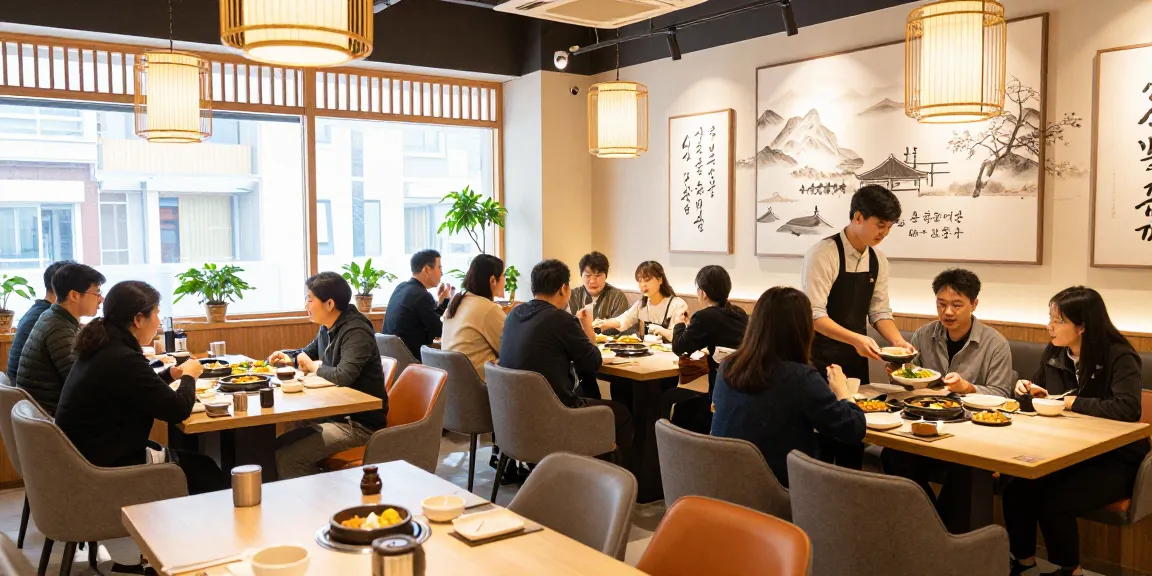 Dining experience at 상봉동 한국관 with vibrant atmosphere and traditional dishes served.