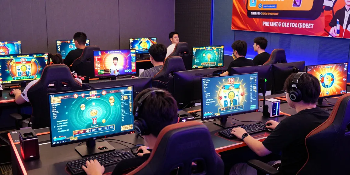 Gamers immersed in action on rikvip online gaming platform, vibrant screens show card games.