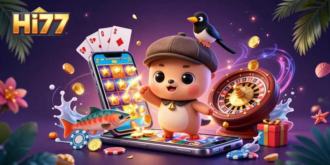 Experience engaging gaming at HI77 with vibrant scenes of playful characters in a dynamic casino environment.