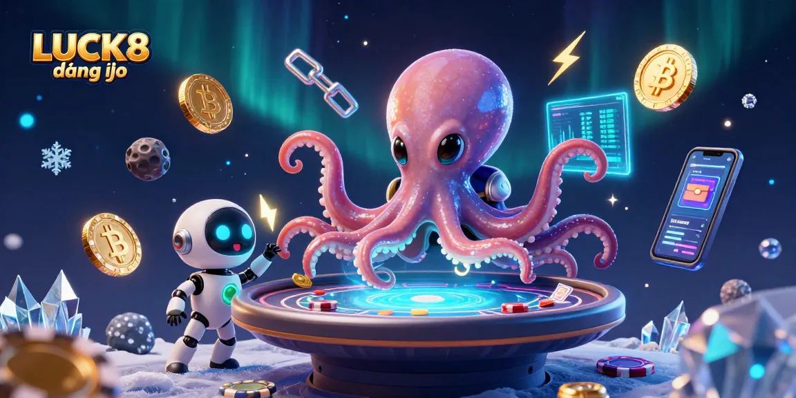 Experience the excitement of LUCK8 đăng nhập at a floating poker table with unique alien characters and vibrant cryptocurrency elements.