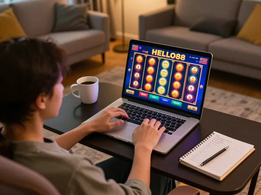 玩家 immersing in HELLO88 slot games on laptop, cozy home setup with strategic notes, engaging atmosphere