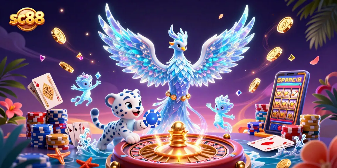 Experience sc88's captivating world as a snow leopard cub plays a winning poker chip amid golden coins.