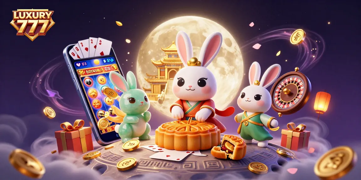 Menangkan LUXURY 777 dalam dunia kasino sambil melihat kelinci bulan bermain dengan poker chip.