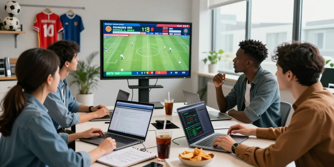 Engaging sports analysis team at soikeonhacai.com.co reviewing live soccer match stats and trends in a modern office.