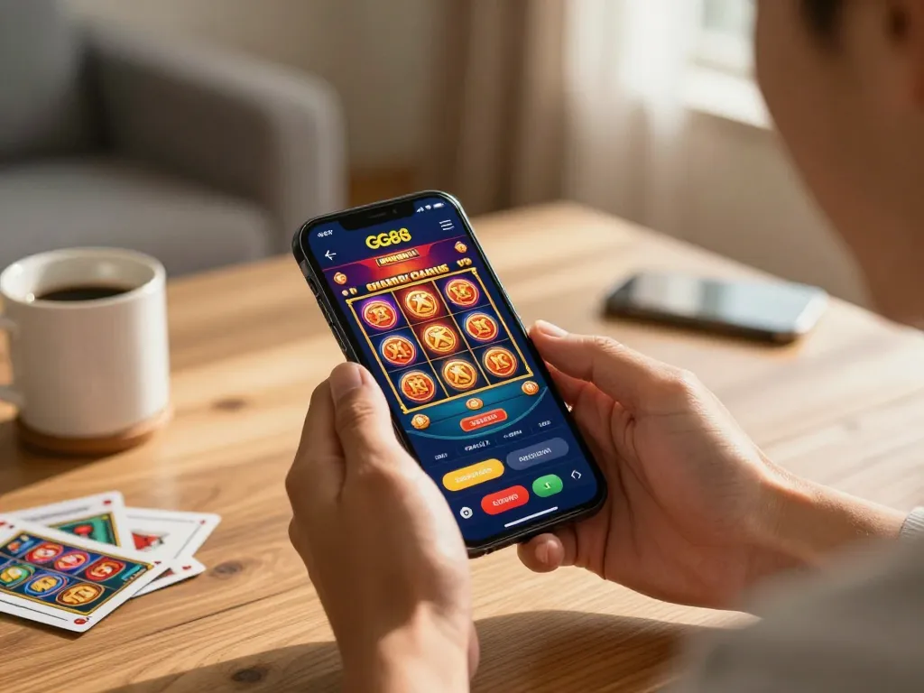 Accessing GG88 đăng nhập on mobile with an engaging casino app surrounded by a warm home atmosphere