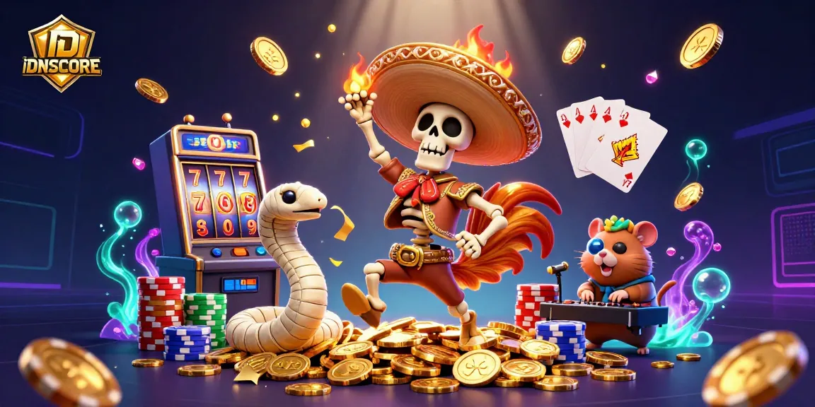 Spin with IDNSCORE: Vibrant 3D scene featuring a dancing rooster and gems flying around in a joyful casino atmosphere.