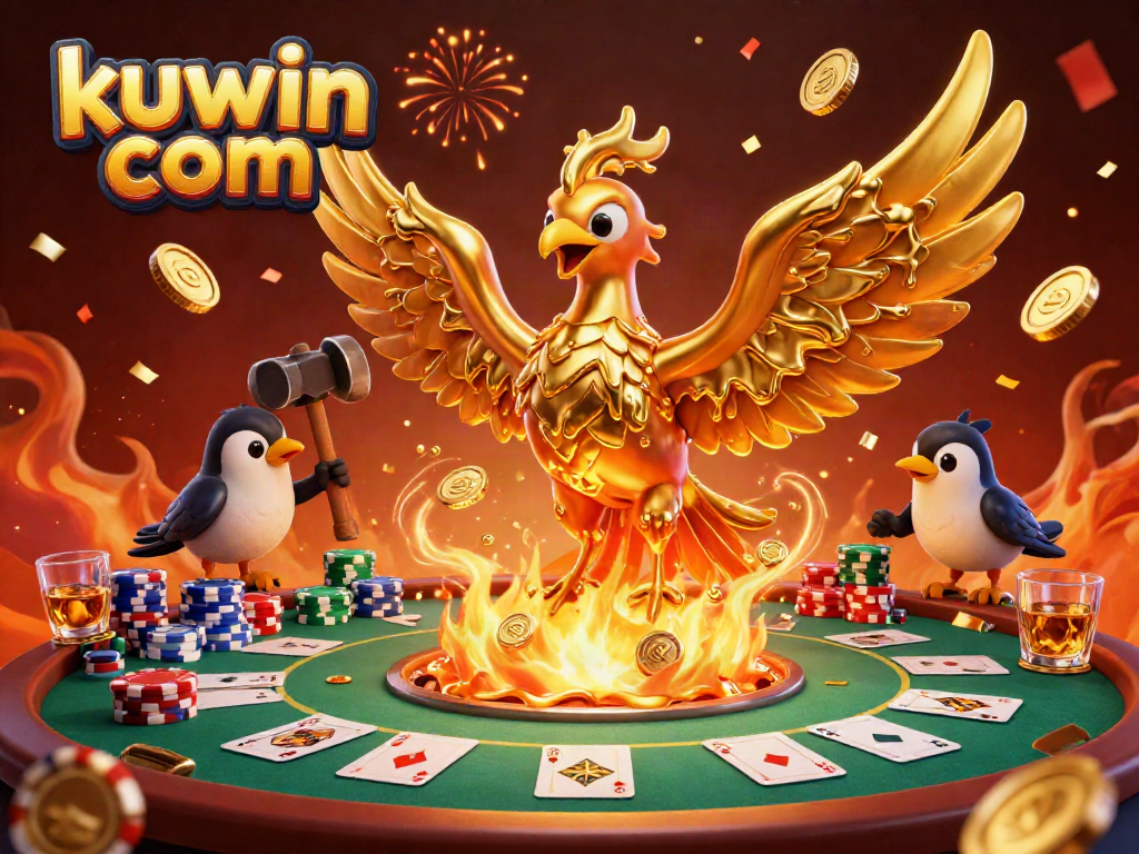 Experience the thrilling allure of kuwin com with an engaging scene of a molten golden phoenix and vibrant gambling elements.