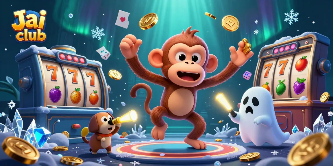 Experience Jai club with thrilling slots and playful ghostly characters in this vibrant digital art.