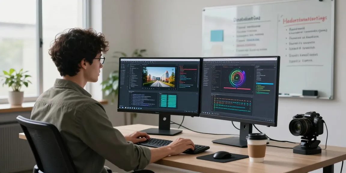 Professional in tech workspace using an ai image detector tool for image analysis.