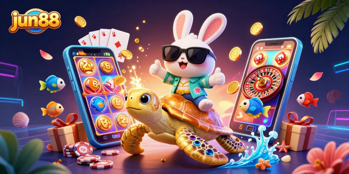 Experience the excitement of jun88 with our vibrant casino-themed illustration, showcasing winning moments and fun.